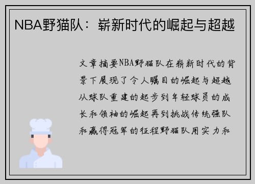 NBA野猫队：崭新时代的崛起与超越